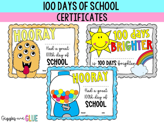 100 Days of School Certificates 100th Day of School Student Award Classroom Activity For 100 Days Of School Printables PDF Download