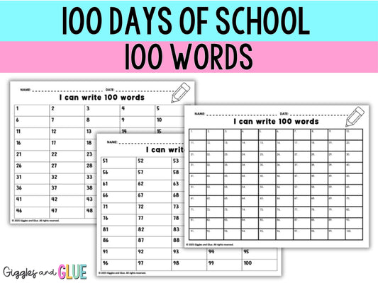 100 Days of School I Can Write 100 Words ELA Worksheets 100th Day of School Printable Activity
